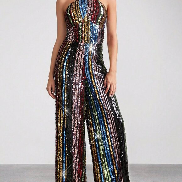 Rainbow Multicolor Sequin Party Halter Neck Women's Jumpsuit - Picture 2 of 7